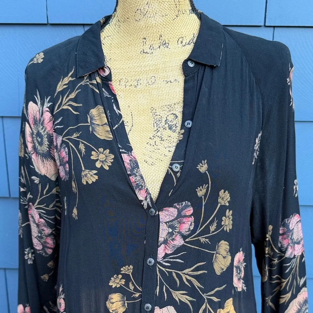 Free People Floral Button-Down Dress - Black and Pink XS very oversized